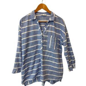Beach Lunch Lounge Striped Cotton Chambray Popover Shirt‎ Blue White Resort XL